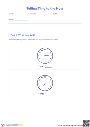 Printable Telling Time to the Hour Worksheet | Grade 2 Math