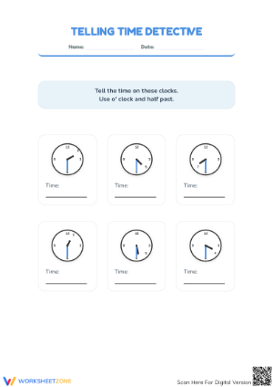 Printable Telling Time to the Half Hour — Grade 2 Math
