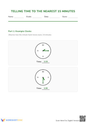 Printable Telling Time to 15 Minutes Worksheet | Grade 2-4