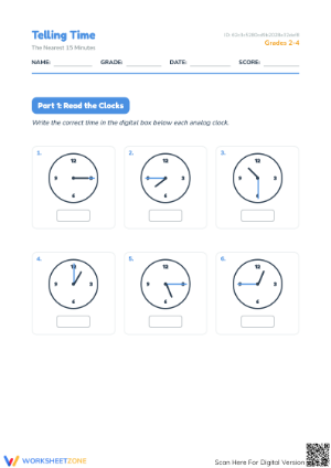 Printable Telling Time to 15 Minutes Worksheet | Grades 2-4