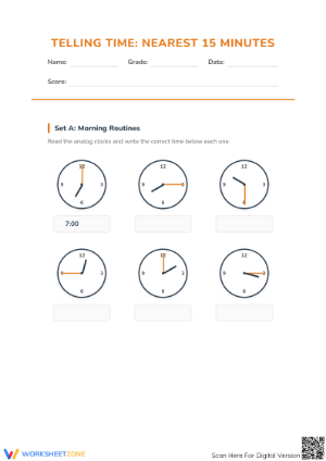 Printable Telling Time to Nearest 15 Minutes | Grade 2-4