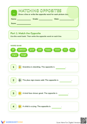 Printable Opposites Worksheet | Grade 1 ELA Essential