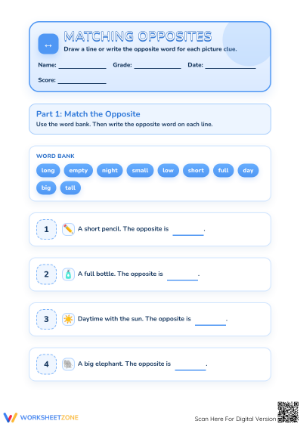 Matching Opposites Worksheet | Grade 1 ELA Printable