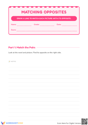 Printable Grade 1 Matching Opposites Worksheet Set