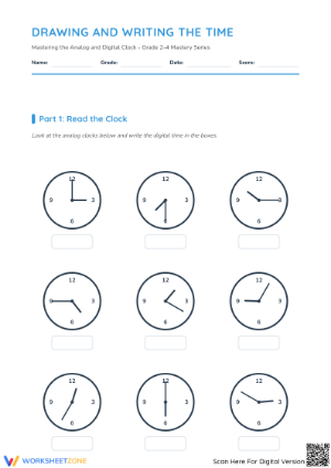 Printable Grade 2-4 Time and Clock Mastery Worksheet