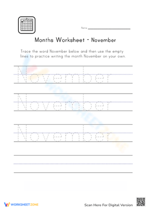 November Tracing and Writing Worksheet