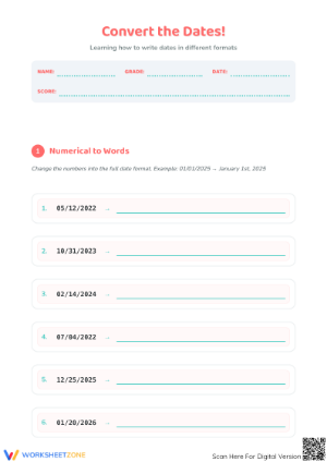 Printable Convert the Dates Worksheet | Grade 2 Math