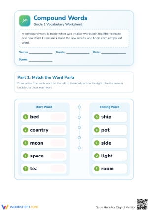 Grade 1 Compound Words — Printable No-Prep Worksheet