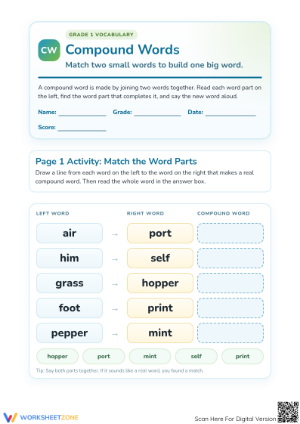 Printable Grade 1 Compound Words Matching Worksheet