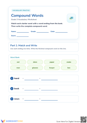Printable Compound Words Matching Worksheet | Grade 3 Ready