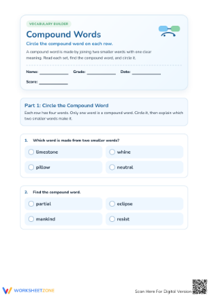 Compound Words Worksheet: Grade 1-4 — Printable No-Prep