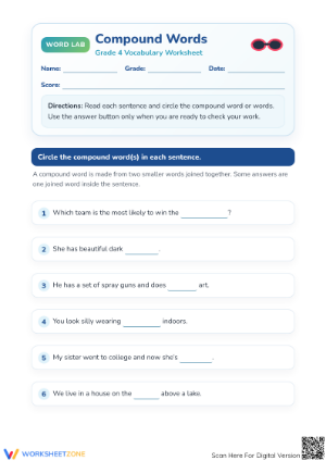 Printable Compound Words Worksheet | Grade 4 Vocabulary