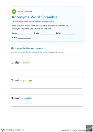 Printable Antonyms Word Scramble Worksheet | Grade 1 ELA