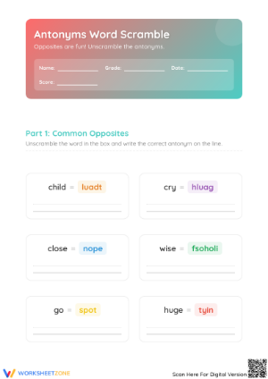 Printable Grade 1 Antonyms Worksheet | Essential Practice