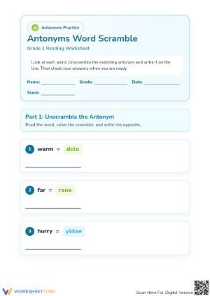Printable Antonyms Word Scramble Worksheet | Grade 1 ELA