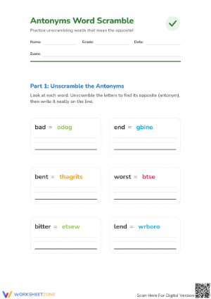 Printable Antonyms Word Scramble Worksheet | Grade 1 ELA