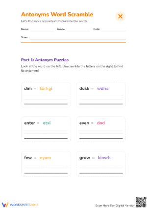 Printable Antonyms Word Scramble | Grade 1 ELA
