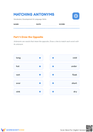 Printable Matching Antonyms Worksheet | Grade 1 ELA