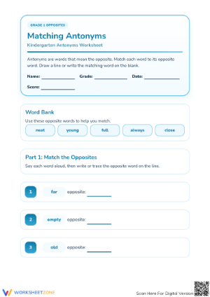 Printable Matching Antonyms Worksheet | Grade 1 ELA