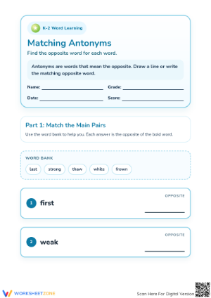 Printable Antonyms Matching Worksheet | Grade 1 ELA