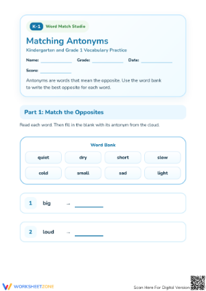 Printable Matching Antonyms Worksheet | Grade 1 ELA