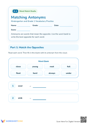 Printable Grade 1 Matching Antonyms Worksheet