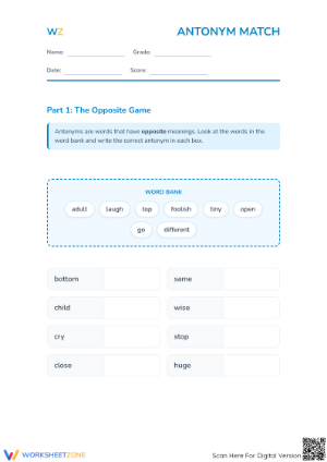 Essential Antonym Match Worksheet | Grade 1 ELA