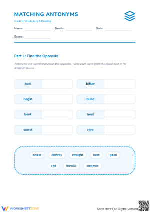 Grade 1 Antonyms Worksheet | Printable Opposites Practice
