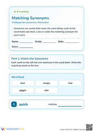 Printable Matching Synonyms Worksheet | Kindergarten ELA