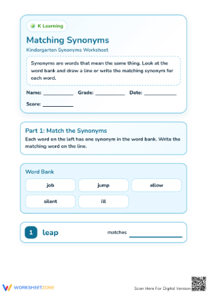 Printable Synonym Matching Worksheet | Grade K ELA