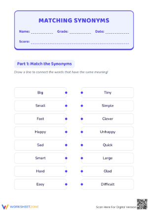 Matching Synonyms Worksheet | Printable Kindergarten ELA