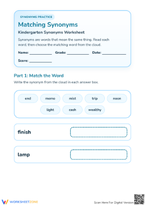 Printable Matching Synonyms Worksheet | Grade K ELA