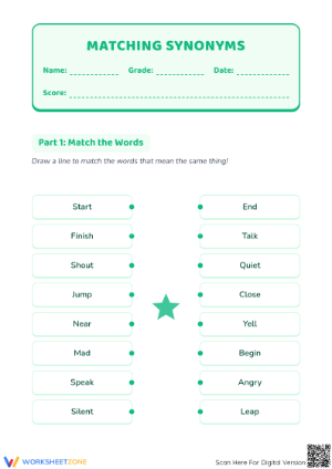 Kindergarten Synonym Matching Worksheet | Essential