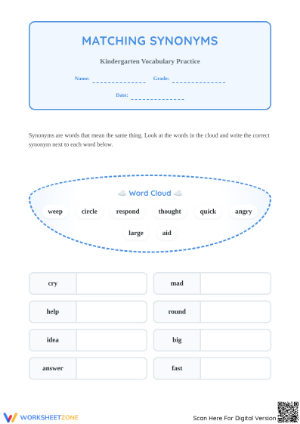 Grade K Synonyms — Printable No-Prep Worksheet
