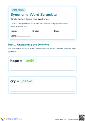 Synonyms Word Scramble Worksheet | Printable Grade K ELA