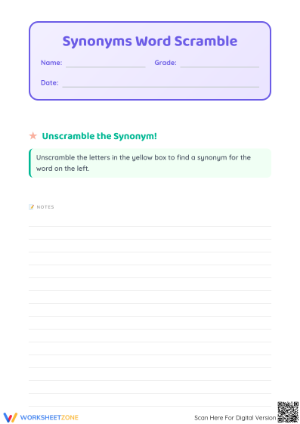 Printable Synonyms Word Scramble Worksheet | Grade K ELA