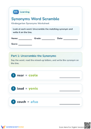 Printable Synonyms Word Scramble 4 | Kindergarten ELA