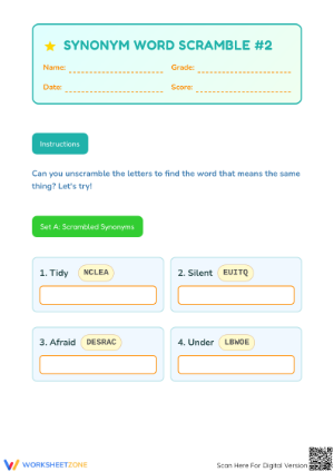 Essential Synonym Word Scramble Worksheet | Grade K ELA