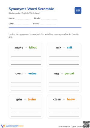 Printable Synonyms Word Scramble for Kindergarten ELA