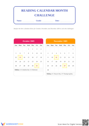 Grade 3 Reading Calendar Month Challenge: Essential Worksheet