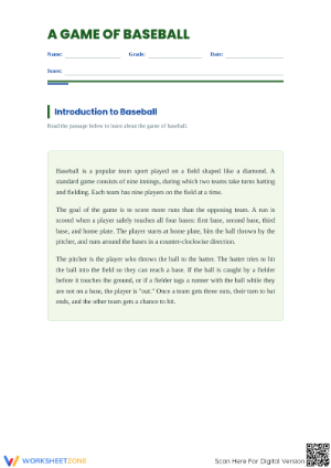Essential Grade 3 Baseball Reading Worksheet | Printable