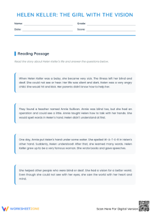 Printable Helen Keller Reading Comprehension | Grade 3
