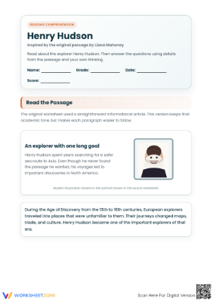 Henry Hudson Reading Comprehension | Printable Grade 4