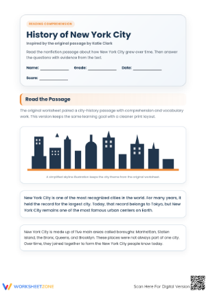 History of New York City Worksheet | Essential Grade 4 ELA