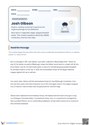 Printable Josh Gibson Biography Worksheet | Grade 5 ELA