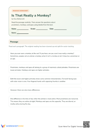 Is That Really a Monkey? Worksheet | Grade 3 Printable