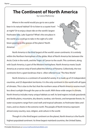 The Continent of North America Worksheet