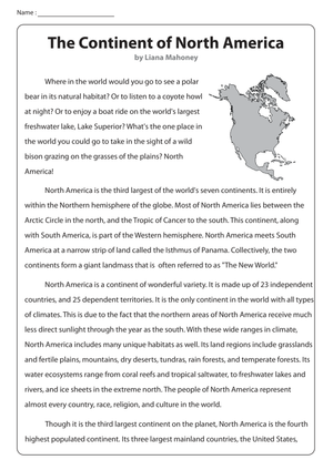 The Continent of North America Worksheet