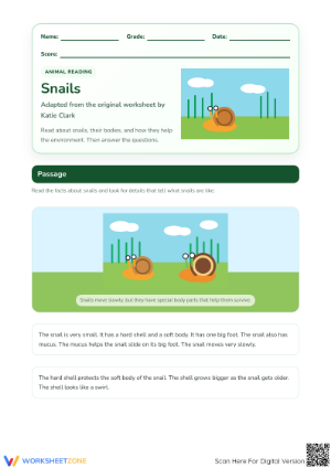 Grade 1 Snails Reading Passage — Printable No-Prep Worksheet