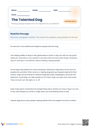 Printable Talented Dog Reading Worksheet | Grade 3 ELA